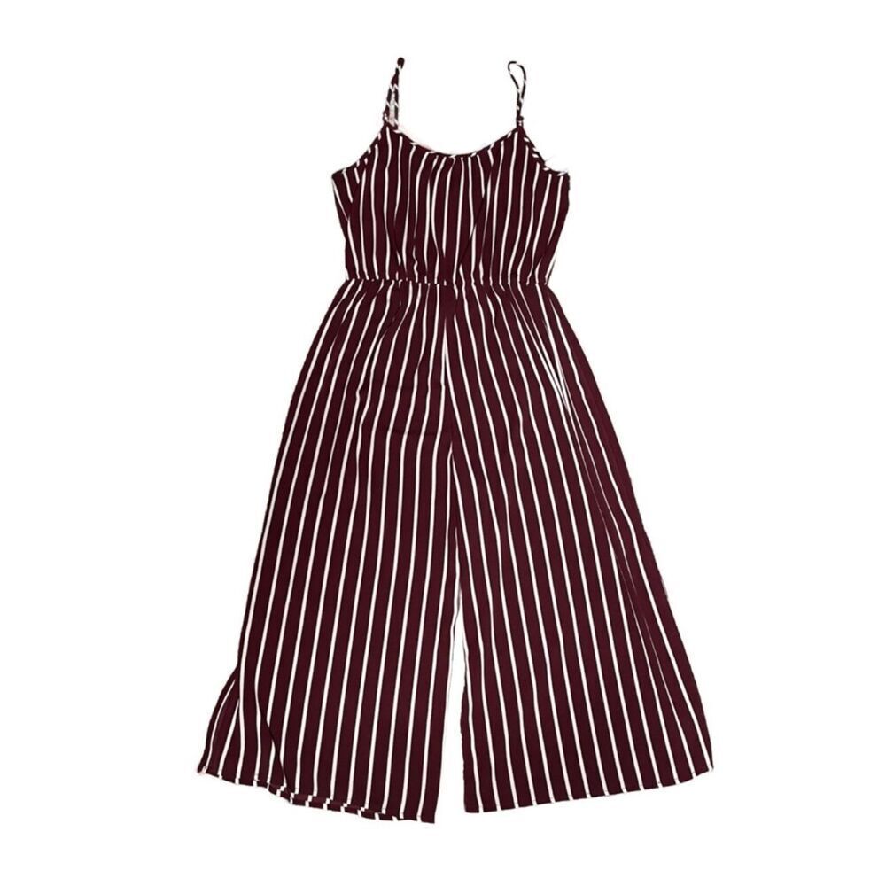 Ambiance Burgundy Red & White Striped Wide-Leg Cropped Jumpsuit (Size: M)